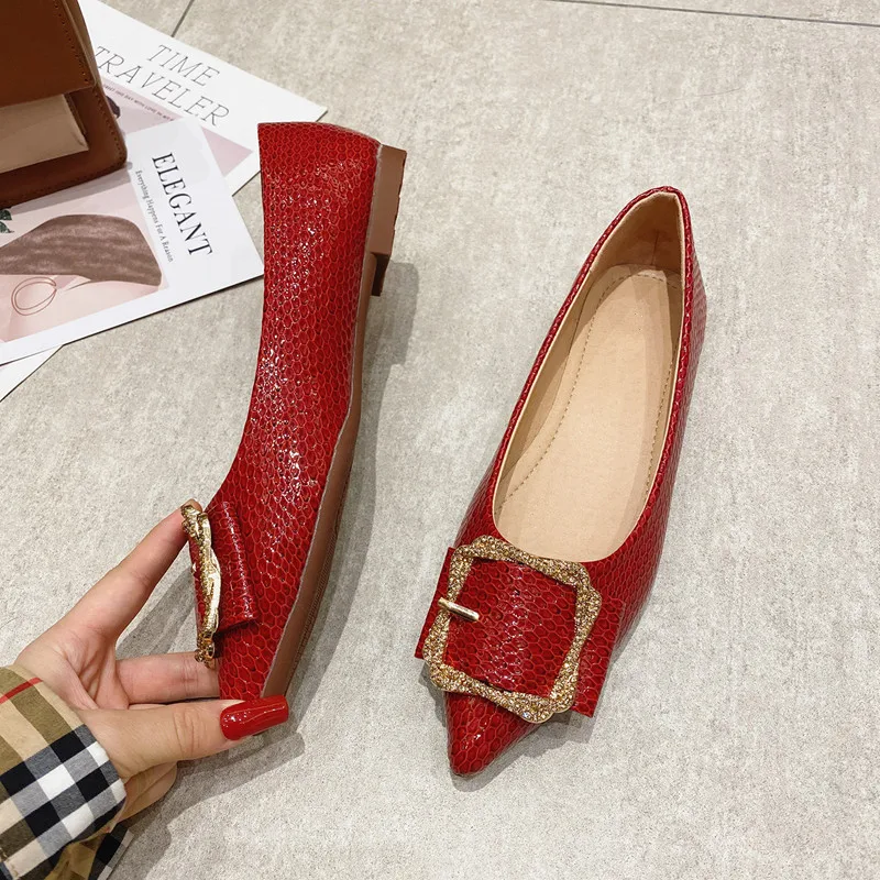 

2021 Spring Summer Casual Women Shoes Fashion Slip-On Flats Pointed Toe PU Leather Loafers Metal Square Buckle Ladies Footwear