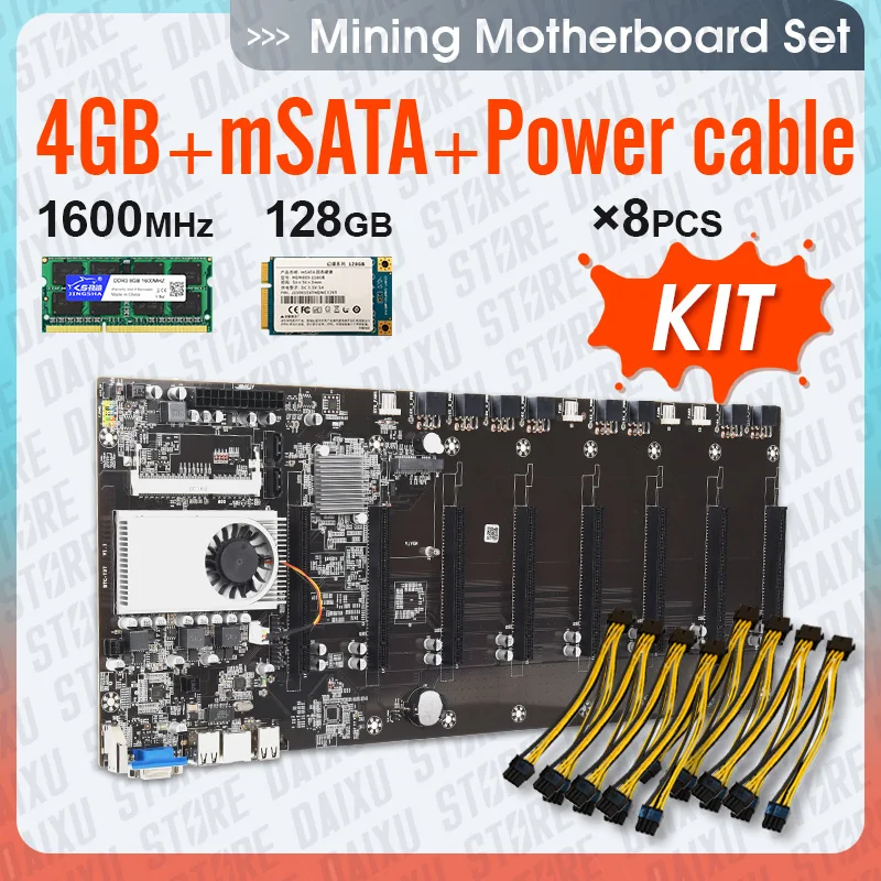 Verkaufen Riserless Bergbau Motherboard 8 GPU Bitcoin Crypto Etherum Bergbau Set Mit 4GB DDR3 1600MHz RAM,1037U,128GB MSATA SSD,Power Kabel