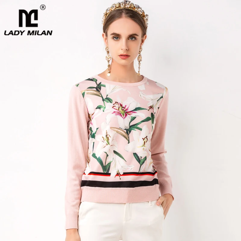 Женская модная блуза Миланская с круглым вырезом длинными рукавами цветочным