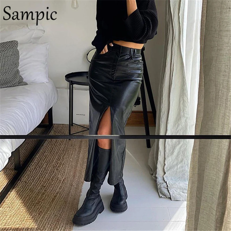 

Sampic Sexy Women Skinny Harajuku Split Black Pu Leather Skirts Long Winter 2020 Ladies Office Pencil Hight Waisted Y2K Skirt