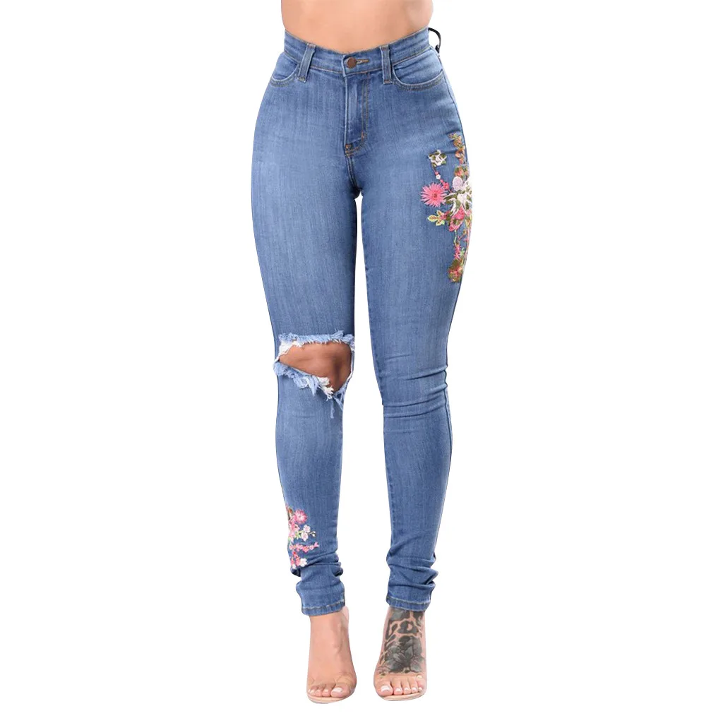 Модные женские туфли джинсы с вышивкой на пуговицах карманами и высокой посадкой