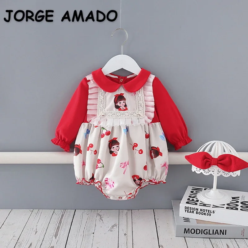 2021 nuevo oto&ntilde;o Body para beb&eacute; almazuela roja de dibujos animados Puff mangas Peter Pan Collar princesa mono ropa reci&eacute;n nacida E5358-0