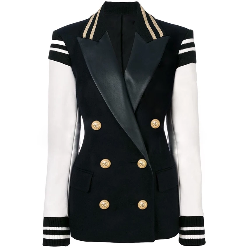 

HIGH STREET New Fashion 2021 Stylish Blazer Varsity Jacket Women's Leather Sleeve Patchwork Lion Buttons Blazer