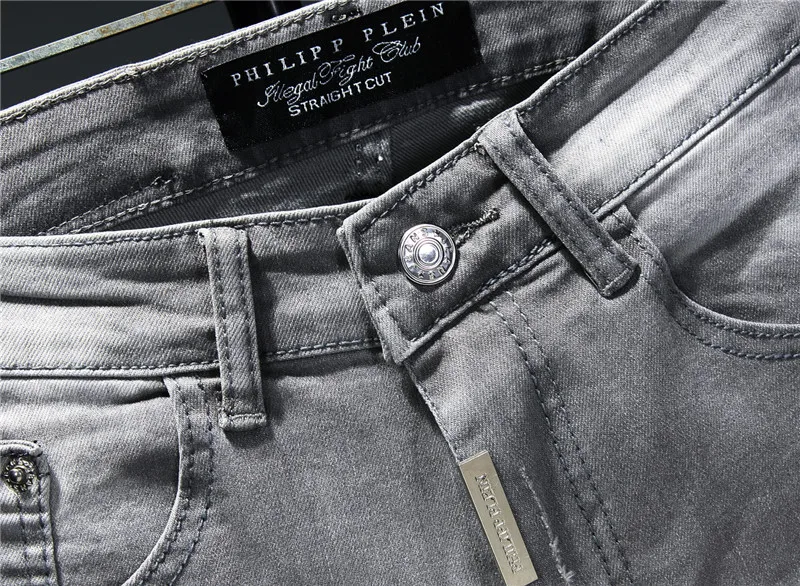 Europe And The United States Skinny Pants Ripped Jeans Men Trendy Knee Hole Biker Jeans Gray Hot Rhinestone Man Denim Trousers