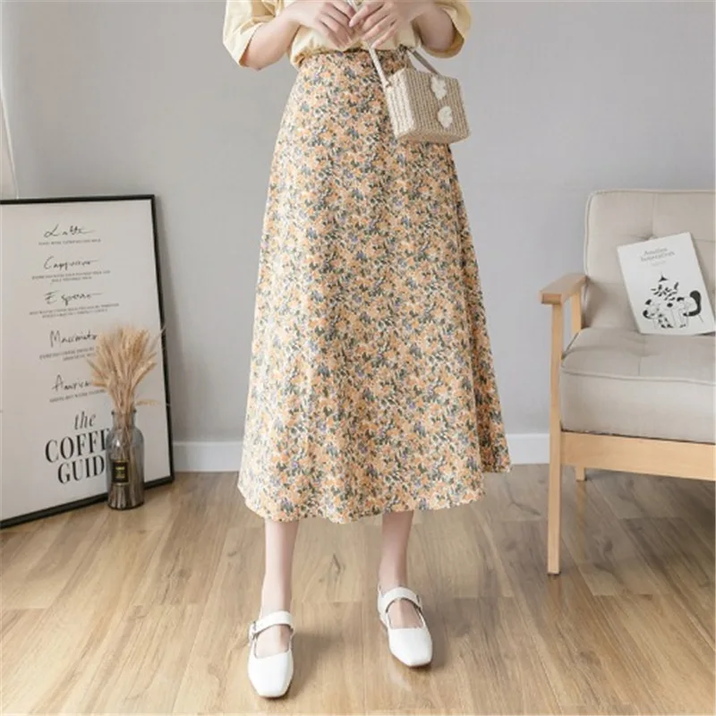 

Limiguyue Летние шифоновые женские юбки, повседневные юбки миди с цветочным принтом, винтажные пляжные трапециевидные юбки в Корейском стиле с ...