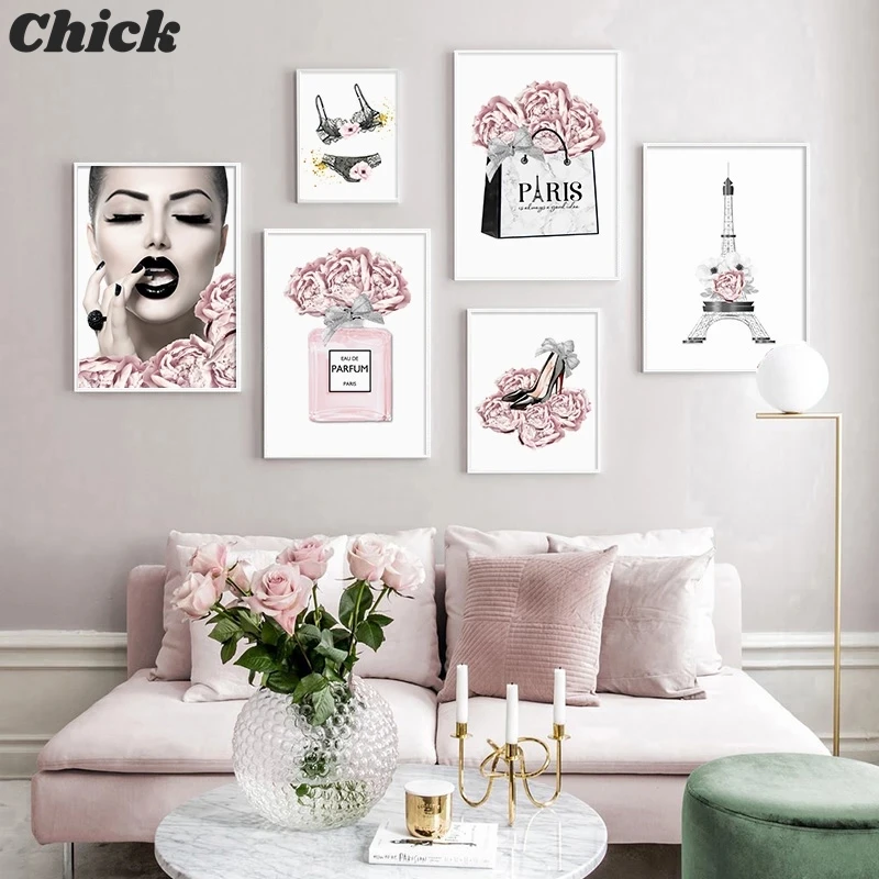 

Modern Prints Wall Art Painting High Heels Canvas Poster Print Pink Flowers Fashion Decoration Pictures Home Decoration Painting