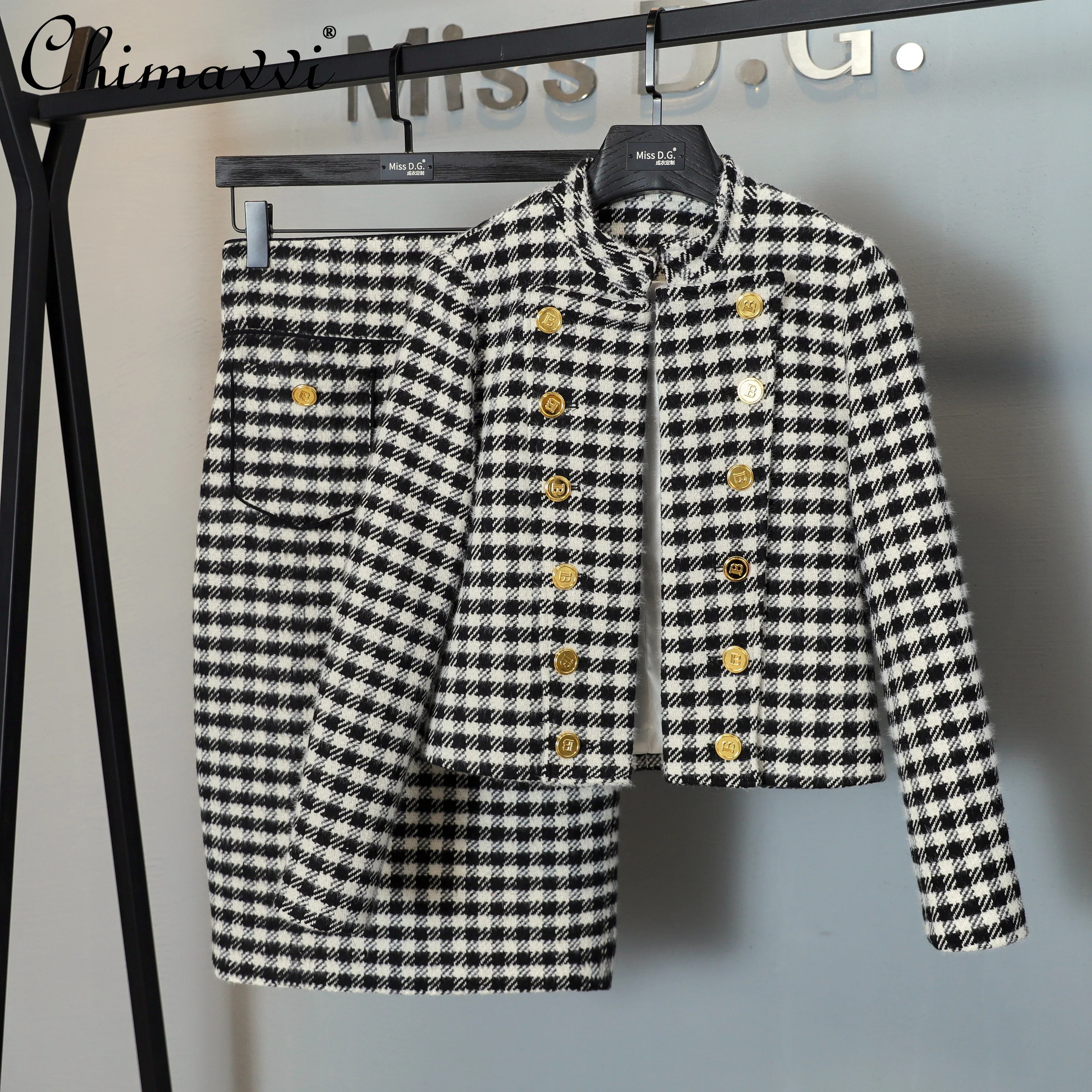 

High-End Luxury Women's Outfit 2021 Winter Fashion Button Decoration Long-Sleeved Coat High Waist Slim Elegant Skirt Plaid 2pcs