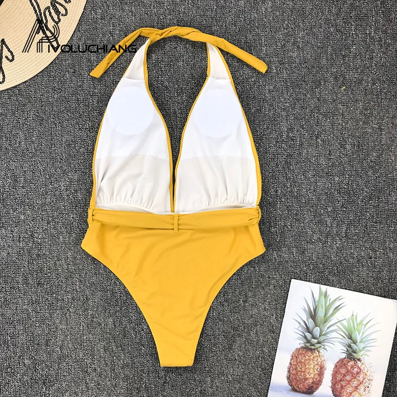 

2020 One Piece Swimsuit Women Solid Waist Buckle V Neck Swmiwear Sexy Halter Backless Bathing Suit Beach Bather Monokini Biquini