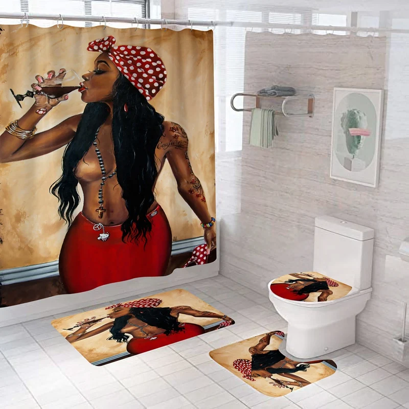 

Curls Sexy African Girl Shower Curtain Waterproof Set Non-Slip Bathroom Shower Curtain And Rug Sets Curtain For Bathroom