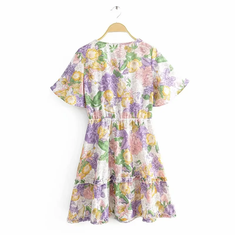 

Summer Boho Floral Print Dress Women V Neck Self-tie Knot Front Short Sundress Slim 2021 Casual Beach Holiday Chic Purple Dress