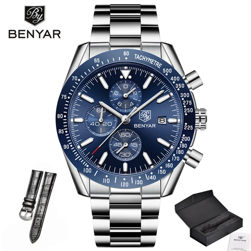Blue Strap S Часы мужские роскошные брендовые BENYAR мужские синие часы с силиконовым ремешком наручные часы Мужские часы с хронографом мужские часы Relogio Masculino - Цвет: Blue Strap S
