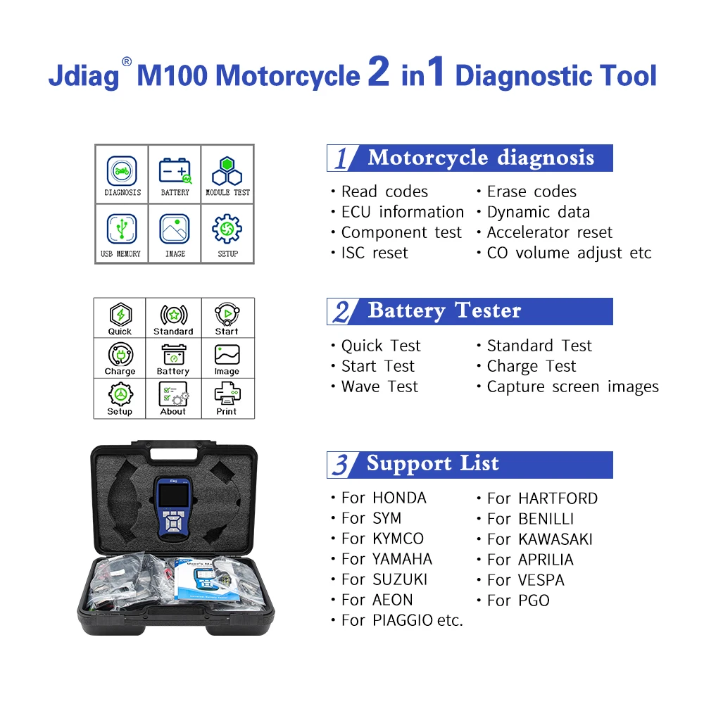 Диагностический инструмент OBD2 JDiag M100 сканер для мотоцикла 12 В тестер
