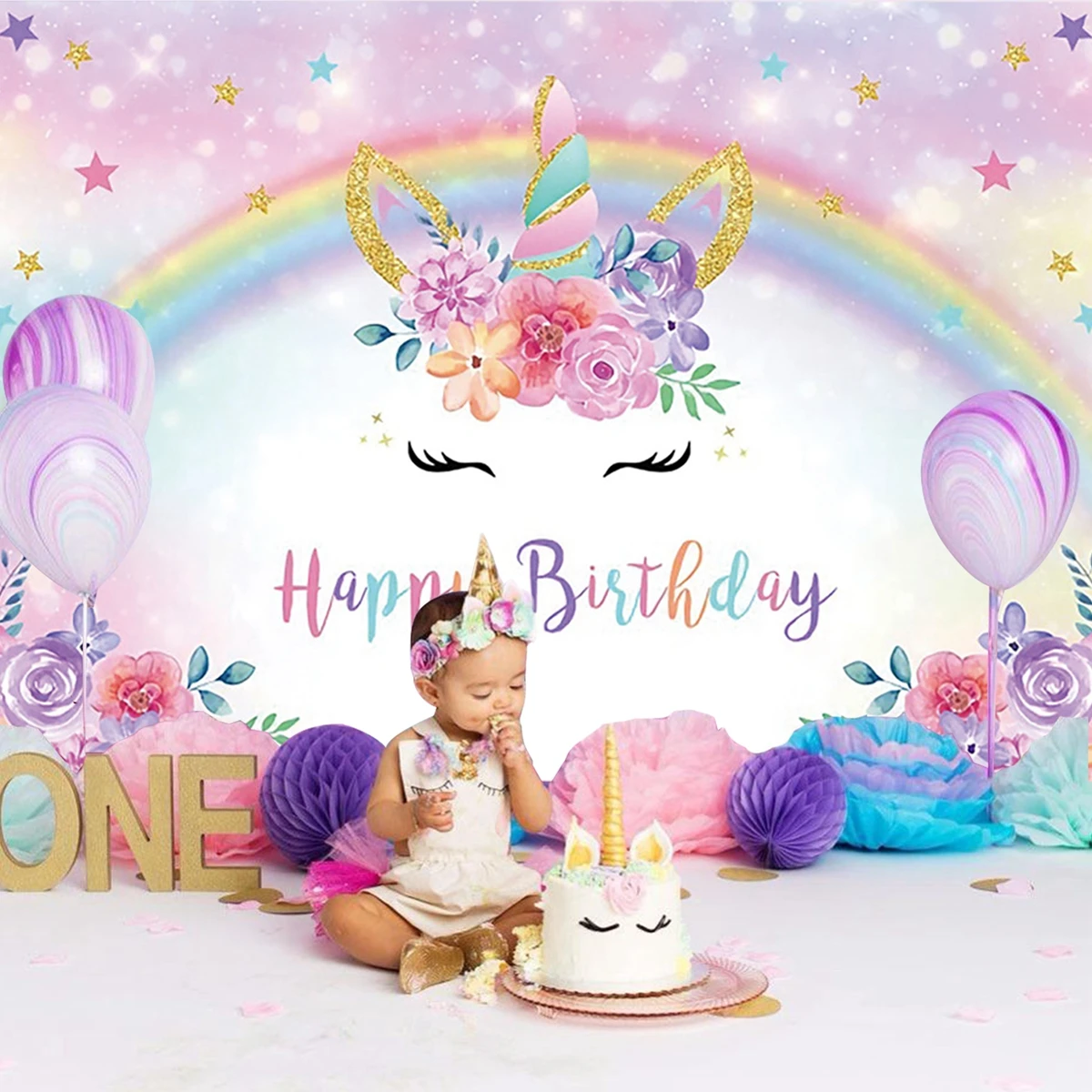 

QIFU Unicorn Backdrop Happy Birthday Photo Background Rainbow Photography Background 1st Birthday Party decor kids Baby Shower