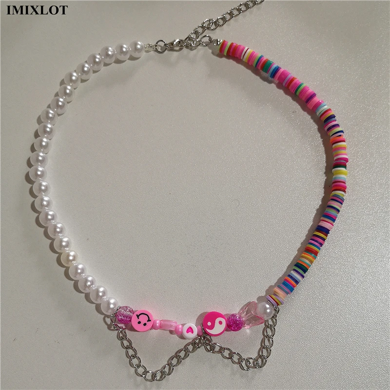 

2021 Kpop Goth Smiley Butterfly Heart Asymmetry Pearls Choker Clay Beads Necklace For Women Bff Y2k Harajuku Accessories Jewelry