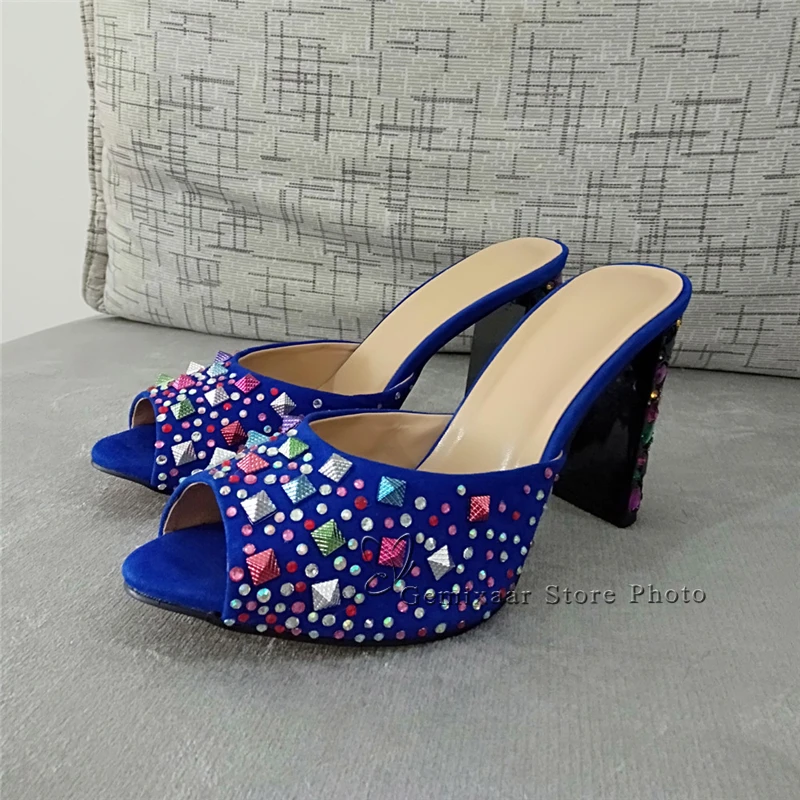 

Diamond Rivet Decor High Heel Party Shoes Woman Luxury Suede Sexy Open Toes Colorful Rhinestone Heel Slippers Women