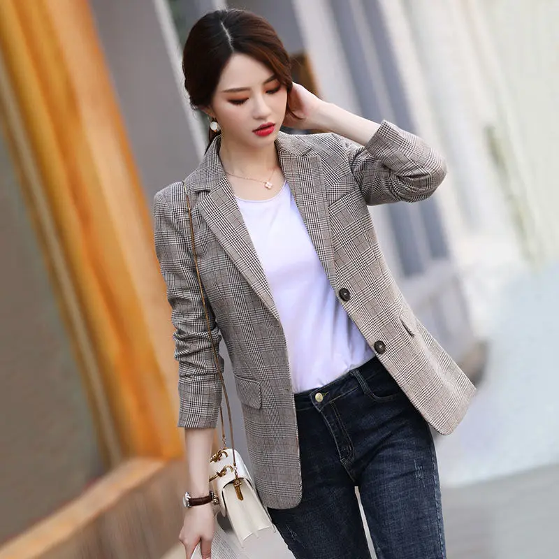 

Korean leisure Women's spring Plaid Suit Jacket Women's Retro British style autumn office large jacket fashion women's top