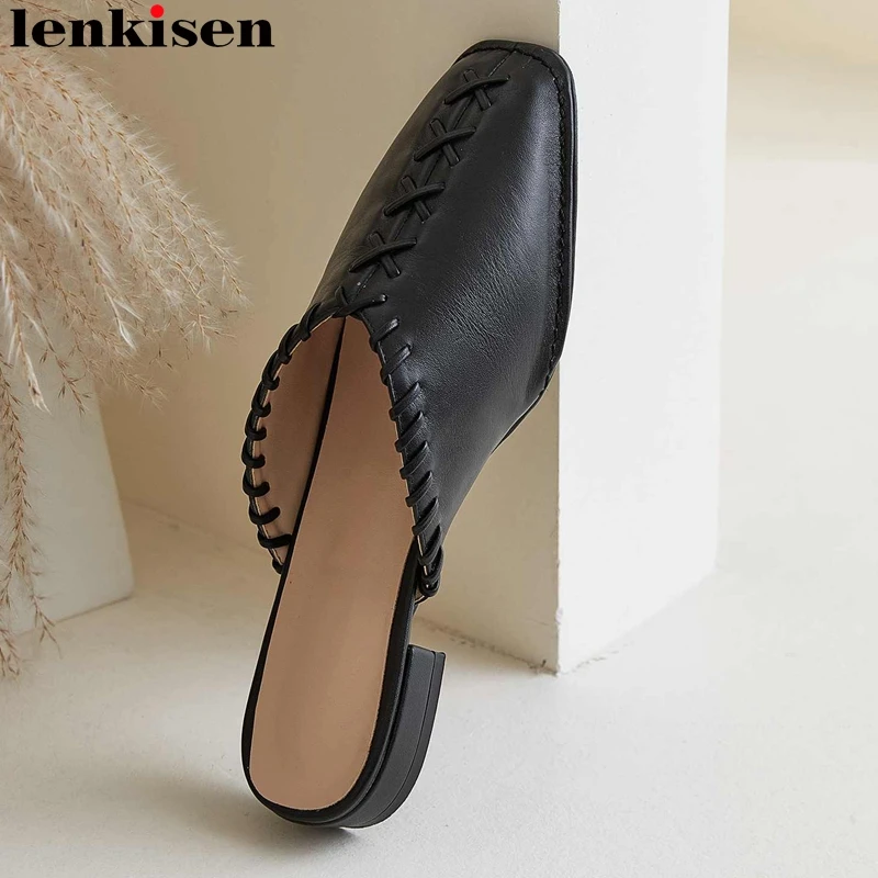 

Lenkisen 2020 hot saling high quality handmade cow leather vintage square toe low square heel mules lace on young lady pumps L03