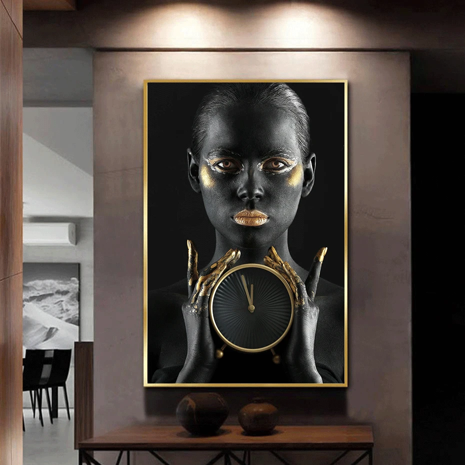Африканские черные женщины белые Золотые губы холст будильник живопись