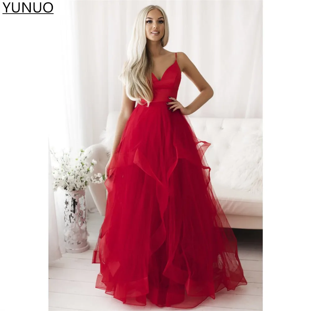 

YUNUO 2021, красное Тюлевое платье с оборками, а-силуэт, вечернее платье на тонких бретельках, длина в пол, вечерние платья для выпускного вечера на вышивку