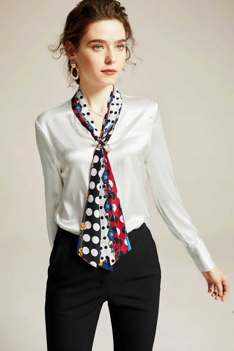 

100% Silk Women's Shirt Bow Collar Printed Sash Long Sleeves Elegant Spring Summer Shirt Blouse Top