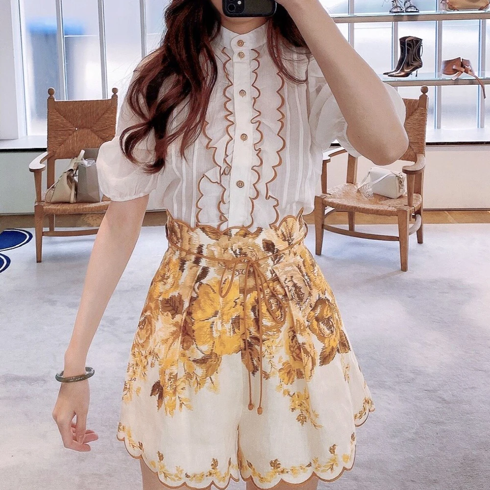 

Women 100% Linen Embroidery White Top With Print Shorts