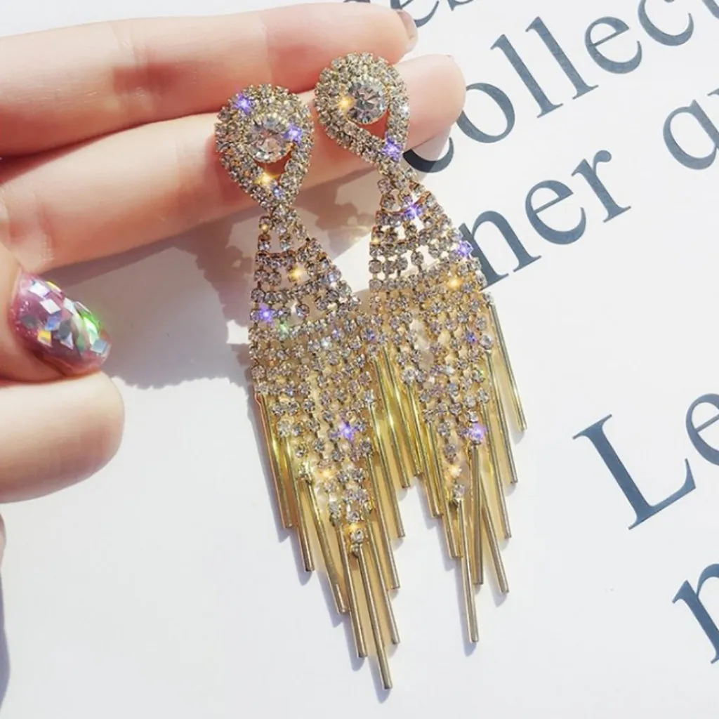 Современный дизайн серьги женские длинные элегантные с блестящими стразами для
