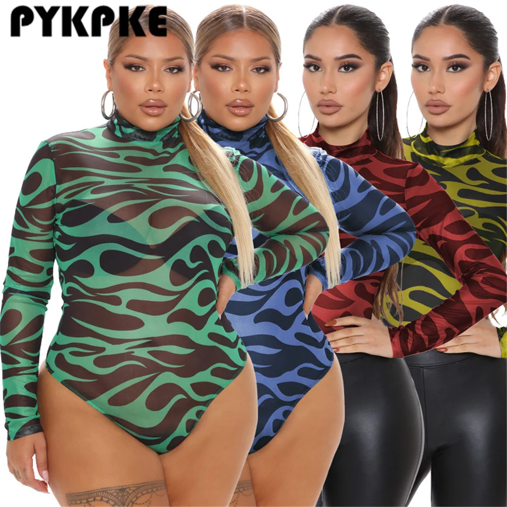 

Women Long Sleeve Turtleneck Slim Women Sexy Bodysuit Print Plus Size Women Romper