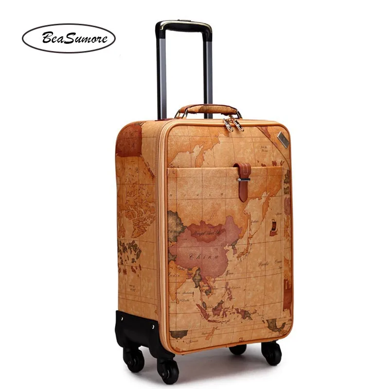 BeaSumore Мода карта PU кожаный Спиннер для багажа 24 дюйма ретро колесо чемоданы 16/20