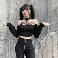 punk long sleeve tops chain shoulder tees gothic sexy backless grunge black halter crop tops women long sleeve autumn t shirts