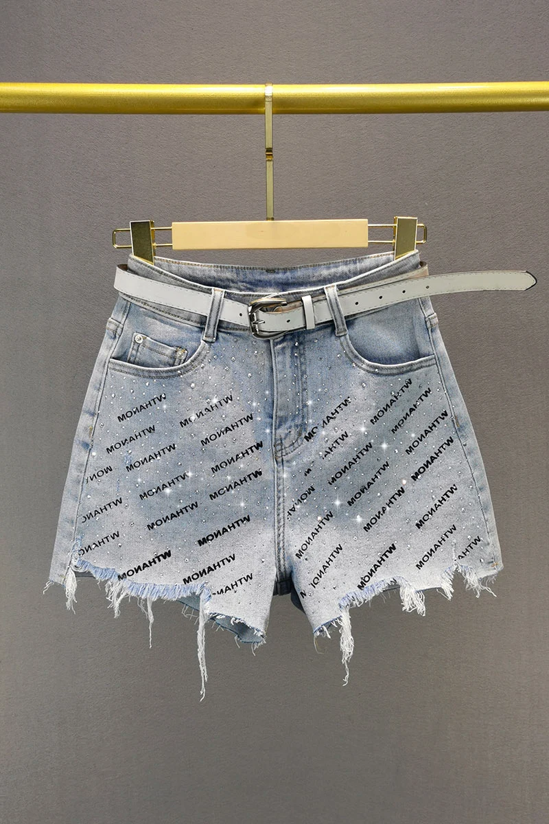 

Letter Rhinestone Denim Shorts Women's Trendy 2021 Summer New Cotton Elastic High Waist Short Jeans Slimming Burr Hot Pants