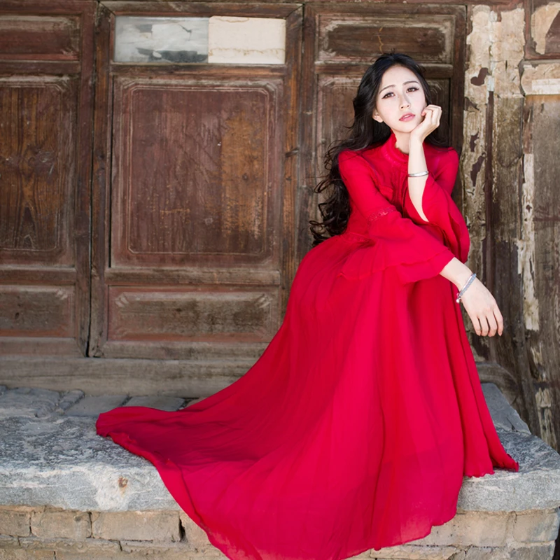 Женское винтажное шифоновое платье макси Красное длинное вечернее вечерние