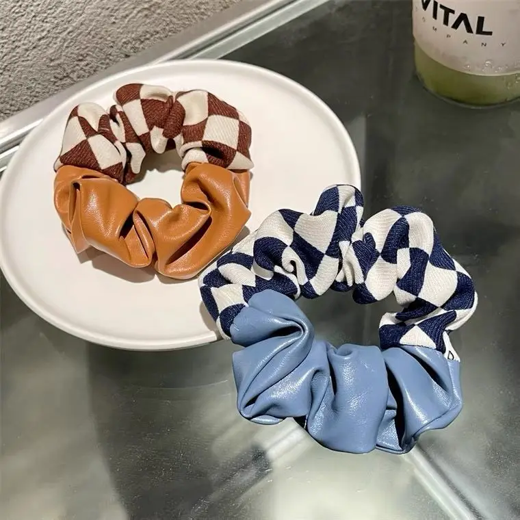 

Checkerboard Hair Rope Elastic Hair Bands Classic Retro Plaid Leather Fabrics Splicing Scrunchies For Women Hair Accessories