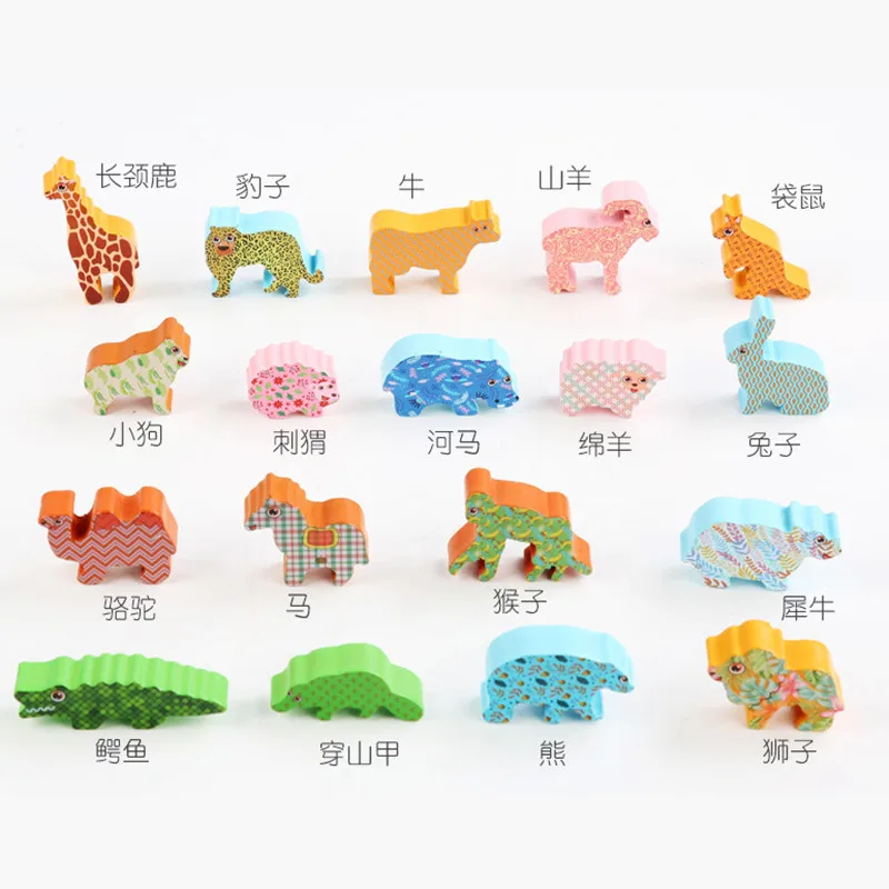 

Hot Montessori Wooden Animal Balance Block Board Game Gift Dinosaur Educational Stack High Building Block Wood Toy for Childrens