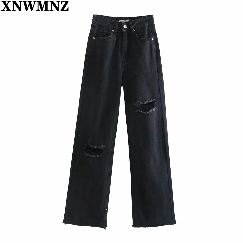 

XNWMNZ 2021 Woman High Waist Jeans Vintage Casual Zip Loose Full Length Wide Leg Denim Pants Female Hole Jeans Pants Streetwear
