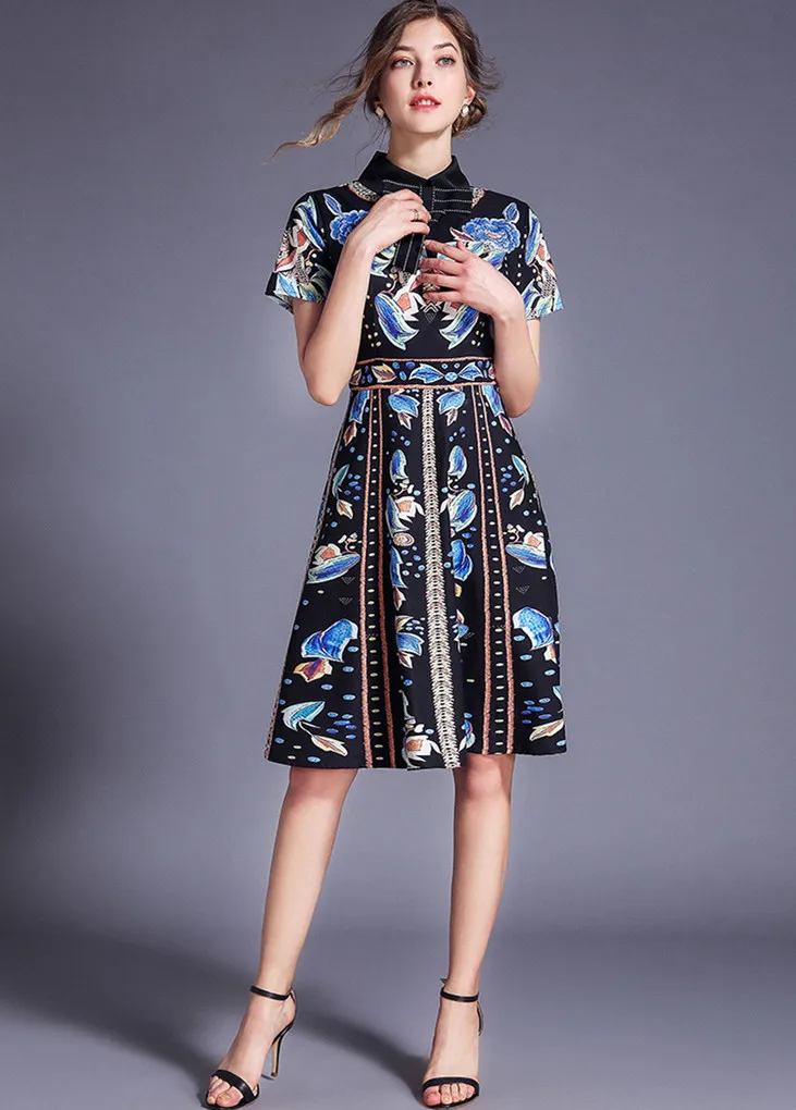 short sleeve Качественное модное дизайнерское подиумное платье летнее женское с коротким рукавом винтажное с цветочным принтом повседневное элегантное платье черного цвета - Цвет: short sleeve