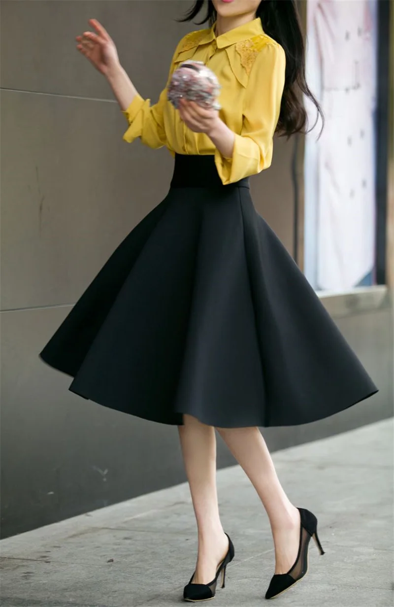 

High Waist Pleat Elegant Skirt Green Black White Knee-Length Flared Skirts Fashion Women Faldas Saia 5XL Plus Size Ladies Jupe