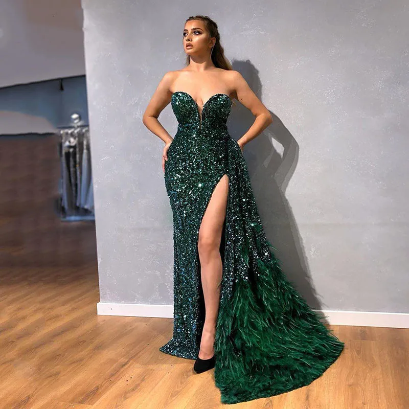 

Luxurious Sweetheart Sequins Crystal Side Split Evening Dress 2022 Mermaid Peacock Feather Prom Party Gown robe de soiree