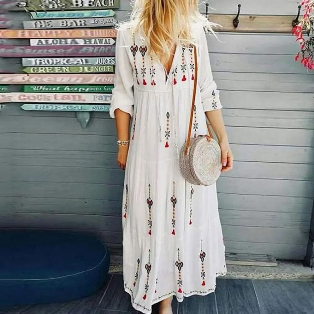 

Maternity Dress Bohemian Summer 2022 New V-Neck Tie 7-Point Sleeves Printed Loose Large Size Seaside Vacation Beach Dress