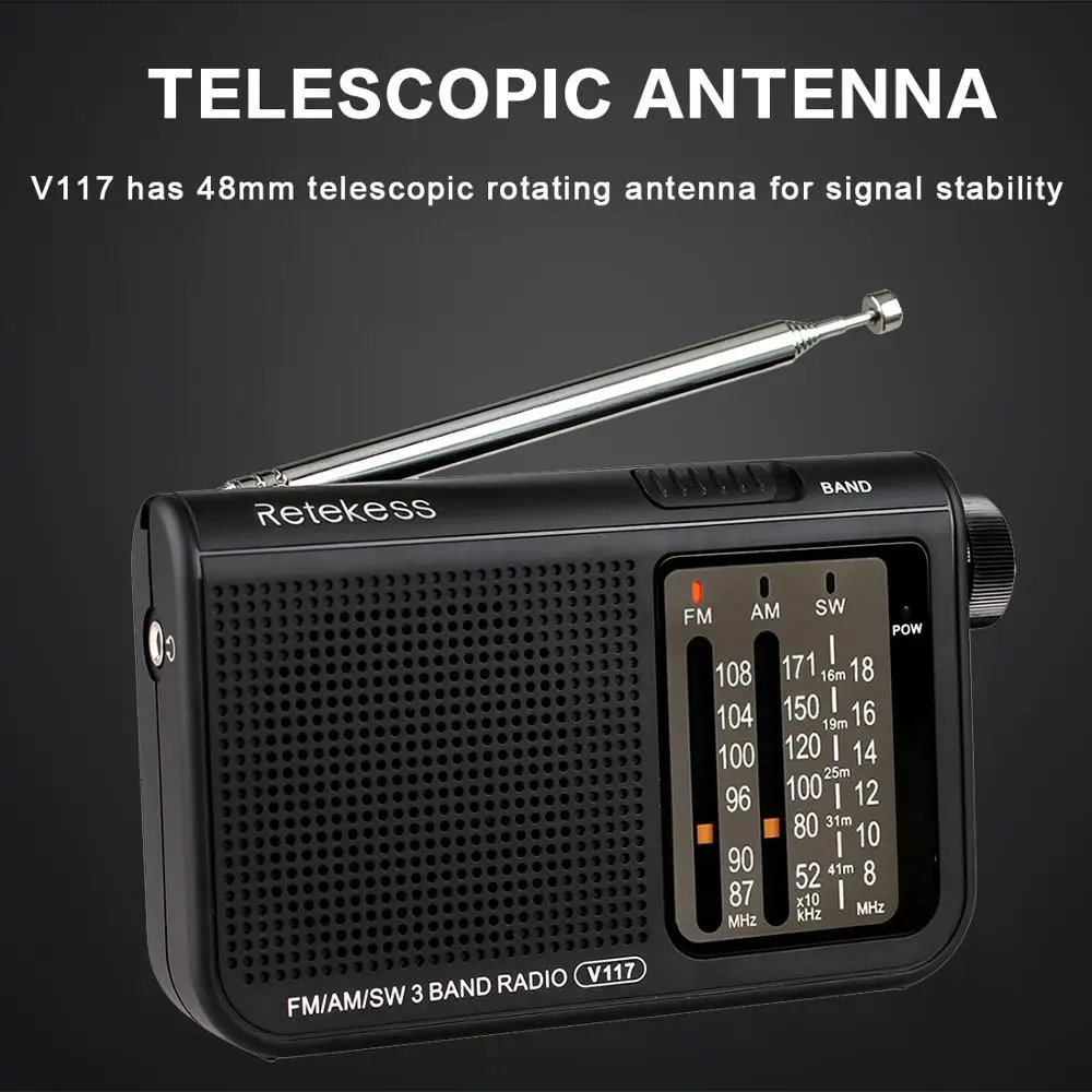 Retekess V117 3 диапазона FM/AM/SW портативная Радио батарея питание аварийный радиоприемник многодиапазонный радиоприемник F9207A