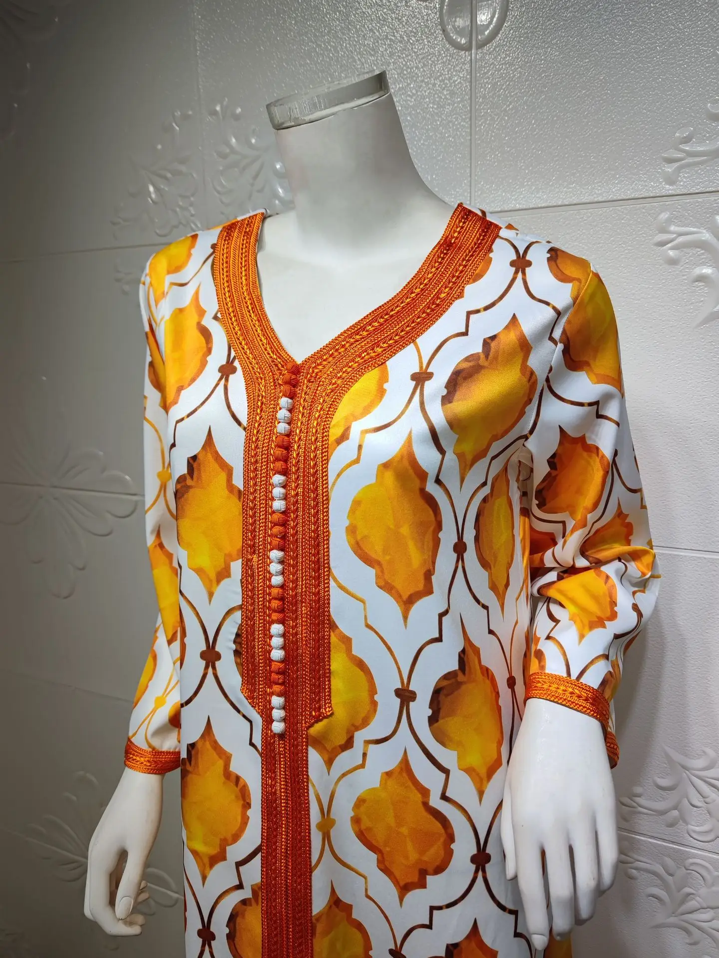 

Great Quality Ramadan Orange Printed Muslim Robes Dress Knit Muslim Abaya Peignoir Islamic Abaya Prayer Service Clothing F2981