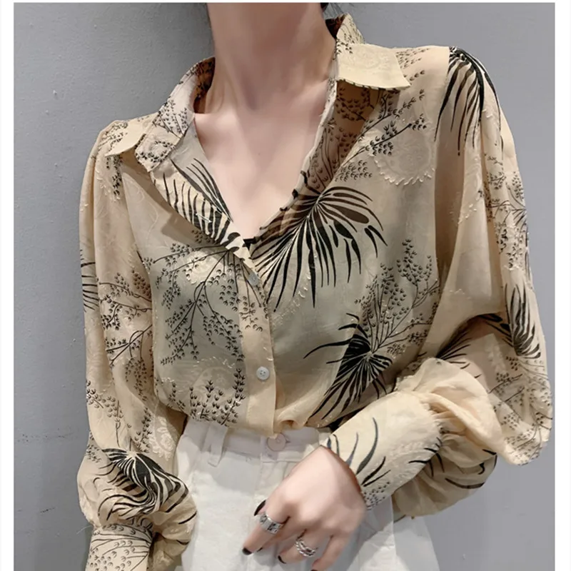 

Spring Fall Loose Chiffon Thin Blouse Chic Elegant Women Vintage Print Button Long Sleeve Tops New 2021