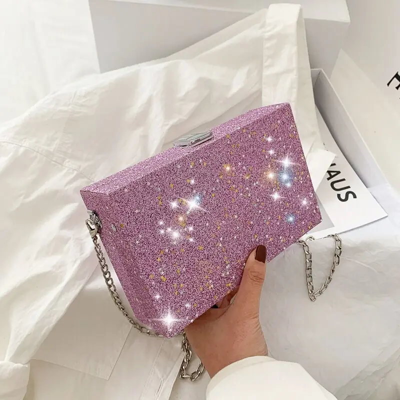 

Women Pu Shoulder Bag Girls Small Box Shape Handbags Women Chain Messenger Bags Ladies Fashion Sequin Star Small Square Bag