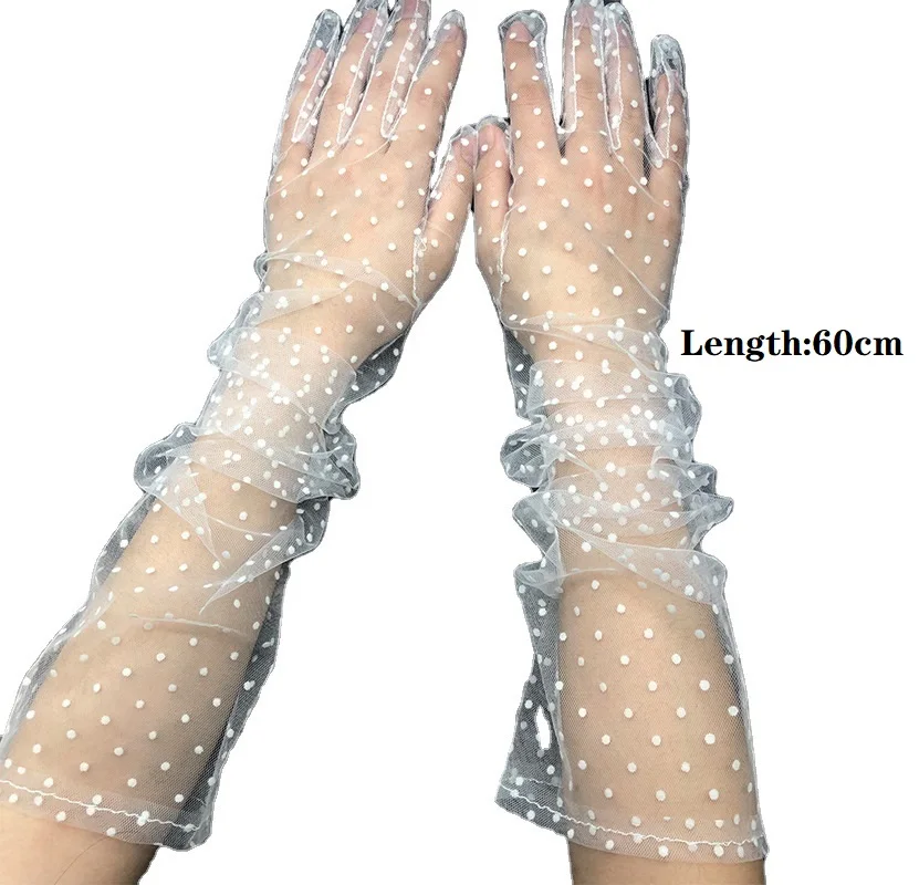 

New 1 Pair Women Short Tulle Gloves Stretchy Lace Spots Full Finger Mittens Mesh Lace Gloves White Black Dot Long Gloves 60CM