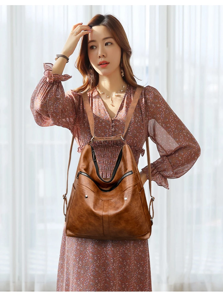 

2020 New Multifunction Soft Leather Bags Women Vintage Women Shoulder Crossbody Bags large Back pack Leather Handbags