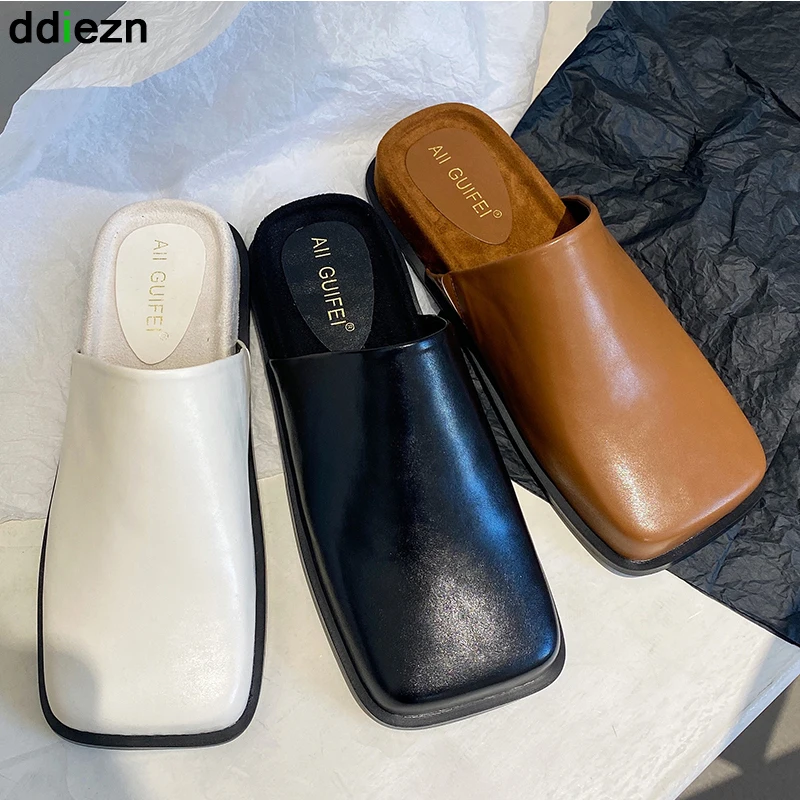 

Шлепанцы женские без задника, ПУ кожа, квадратный носок, сланцы, плоская подошва, Модные Повседневные тапочки, лето-весна 2022