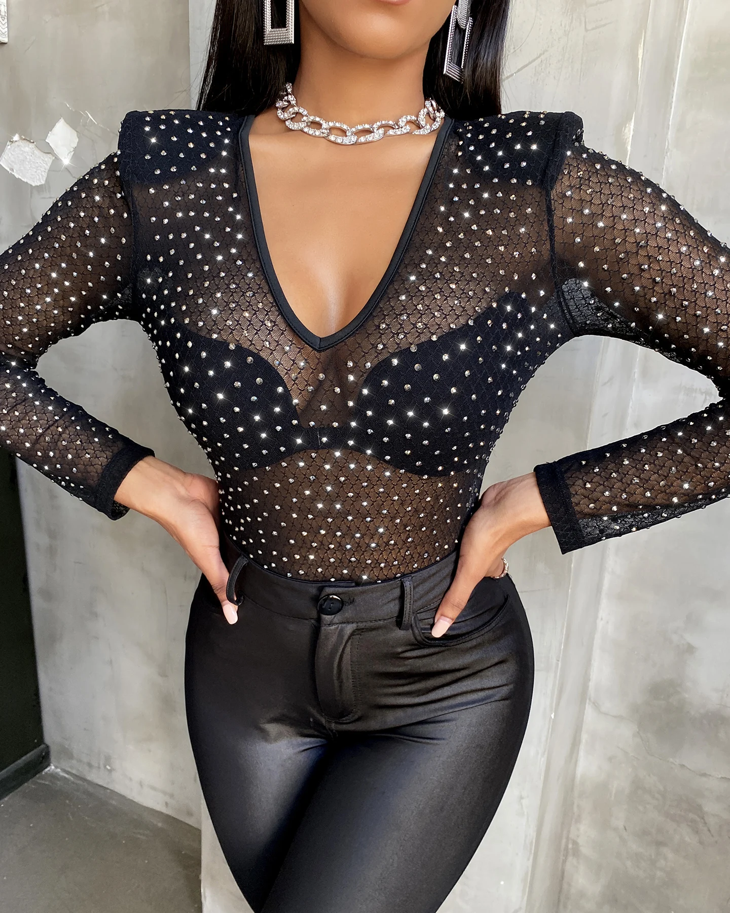 2021 Spring Autumn Deep V Neck Black Lace Sheer Mesh Studded See Through Long Sleeve Corset Body Top Blouse Women Sexy Bodysuit