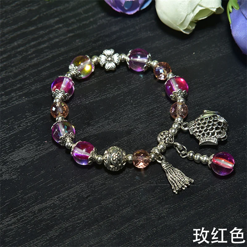 Богемный этнический браслет на удачу для женщин фиолетовый розовый кристалл