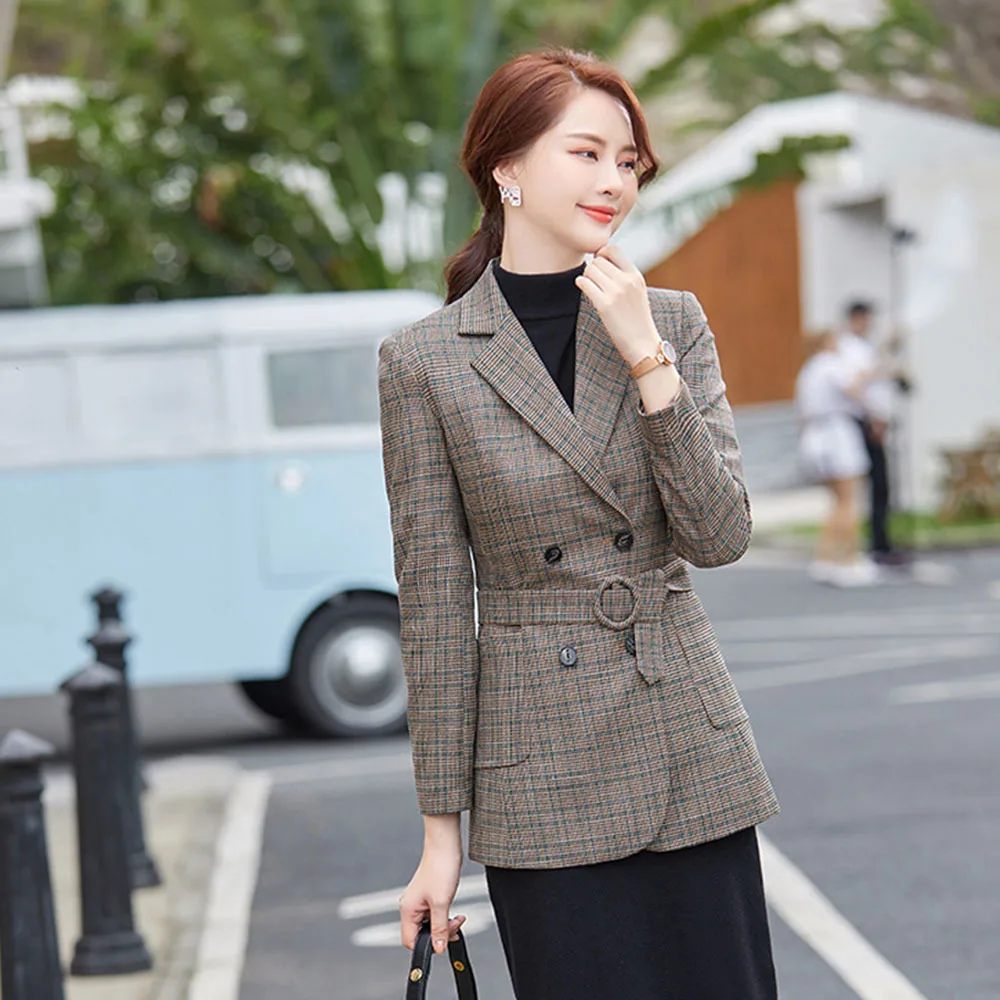 

Houndstooth Wool Blazer 2021 Spring Autumn New Waist Waist Was Thin High-end Fashion Elegant Lace-up Office Lady Suit Jacket