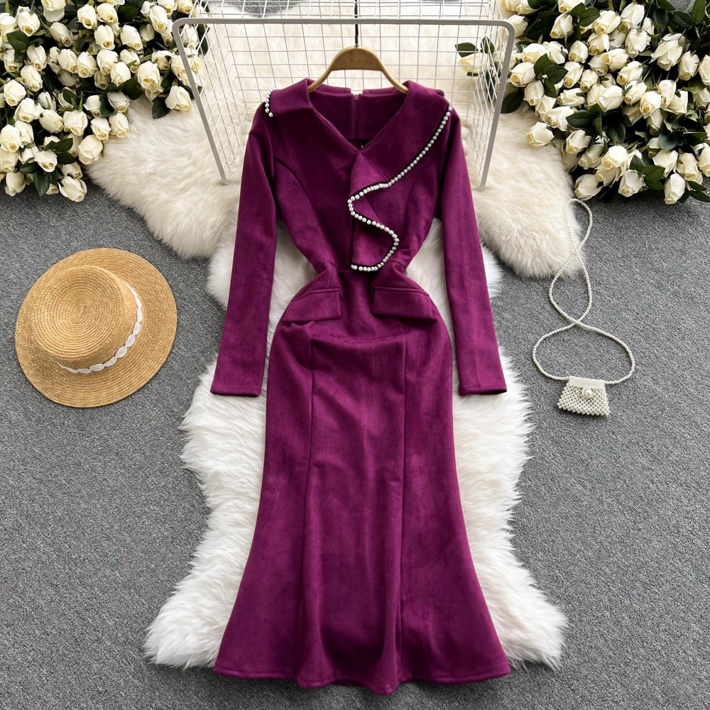 

Purple/Black Beading Party Dress Women Autumn Winter Irregular Ruffle V-Neck High Waist Mermaid Midi Vestidos Female 2021 New