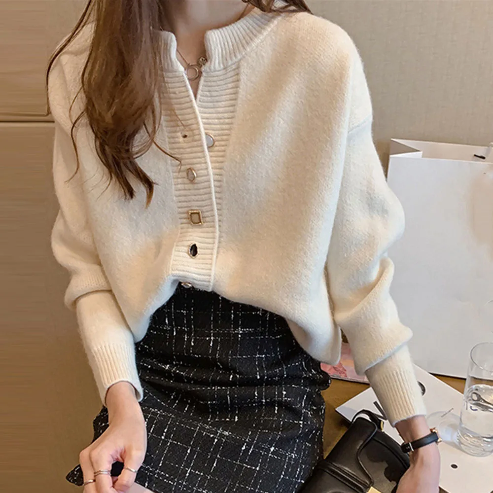 

Women Sweater Cardigan Korean Style Winter 2021 New Thread Button Solid Color Fashion Elegant Casual Office Lady Female Sweaters